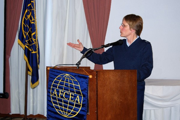At the January luncheon, Col. Grondin delivers a talk on contract status.
